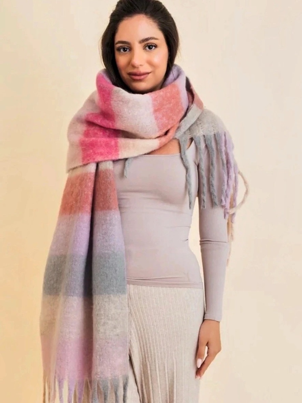 Color Block Fringe Check 77 inch Scarf Soft Cozy Casual